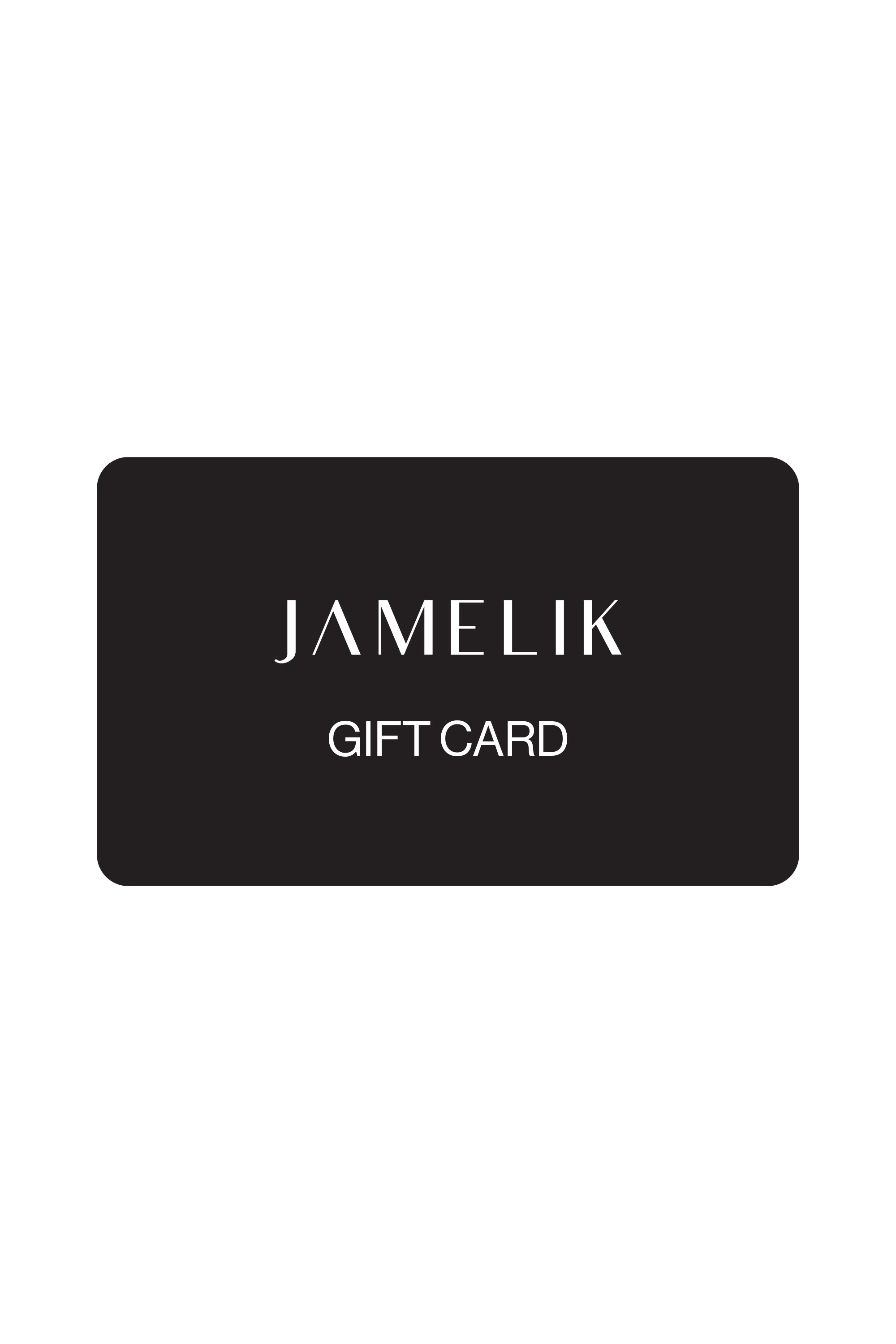 Black gift card with 'Jamelik' branding on a white background