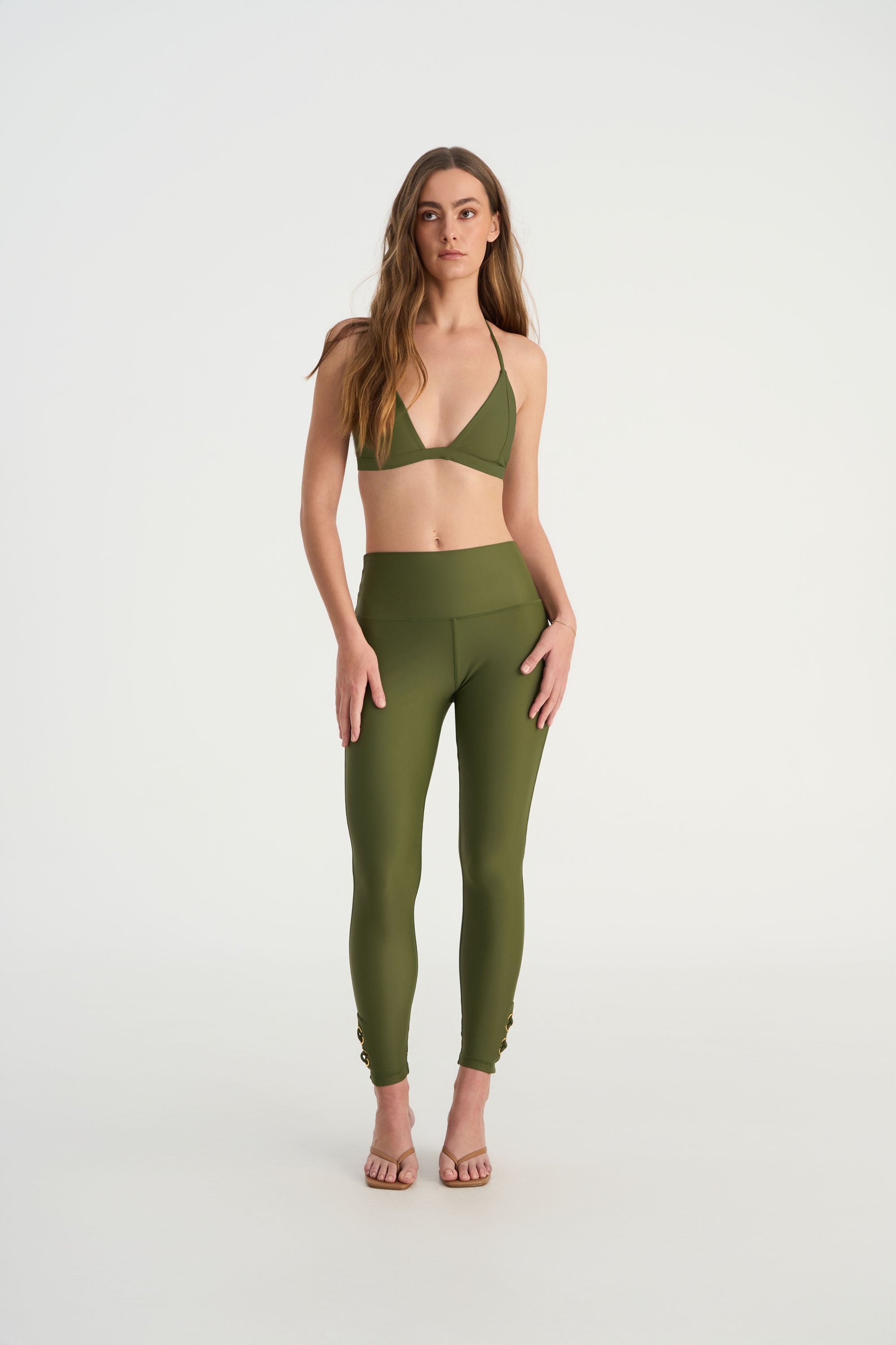 CEMILE olive UPF50+ swim leggings with full coverage and sculpting fit for luxury modest swimwear