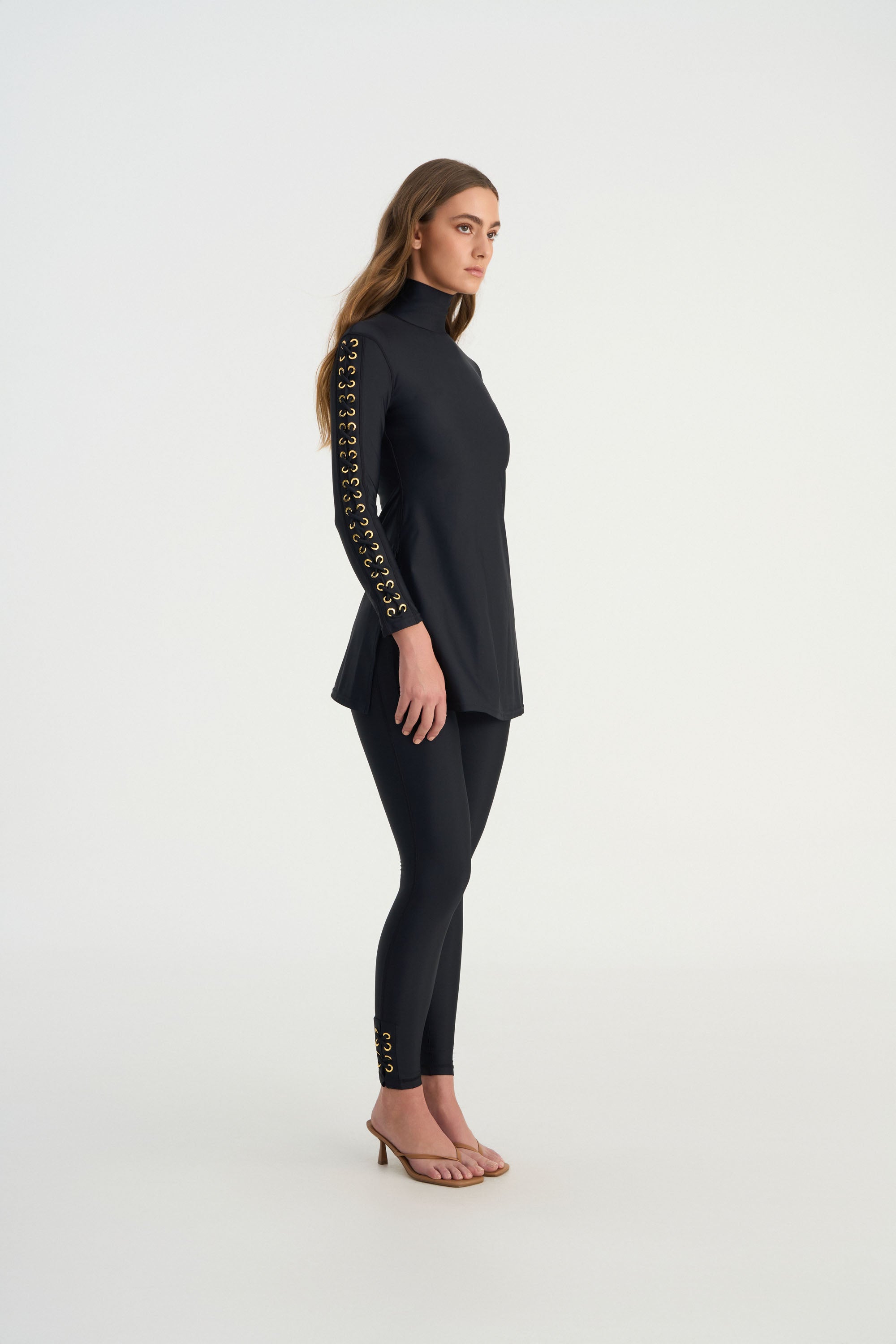 Side view of JAMILA modest swim tunic with elegant longline silhouette and UPF50+ sun protection