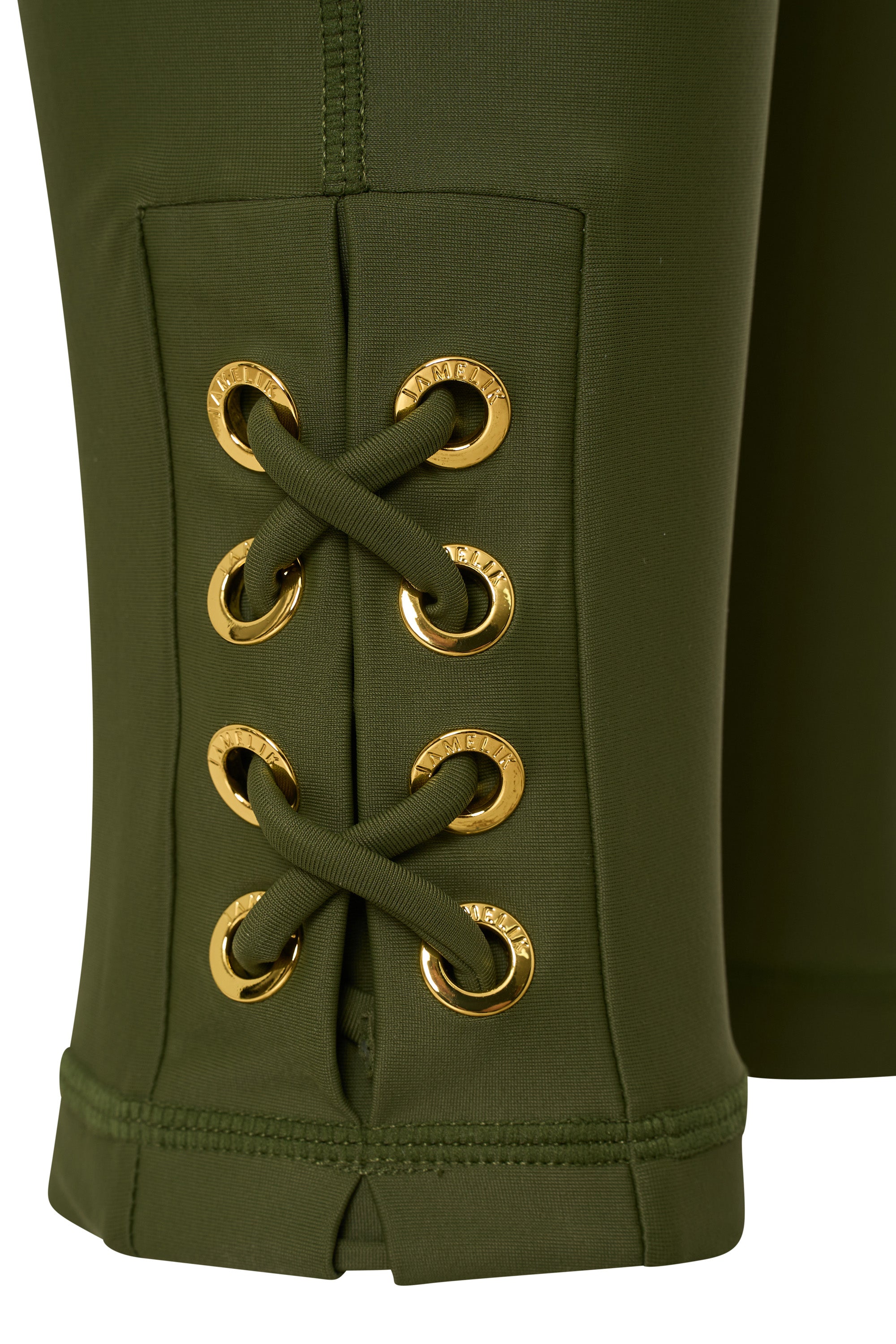 Hand-finished eyelet detailing on CEMILE black luxury swim leggings