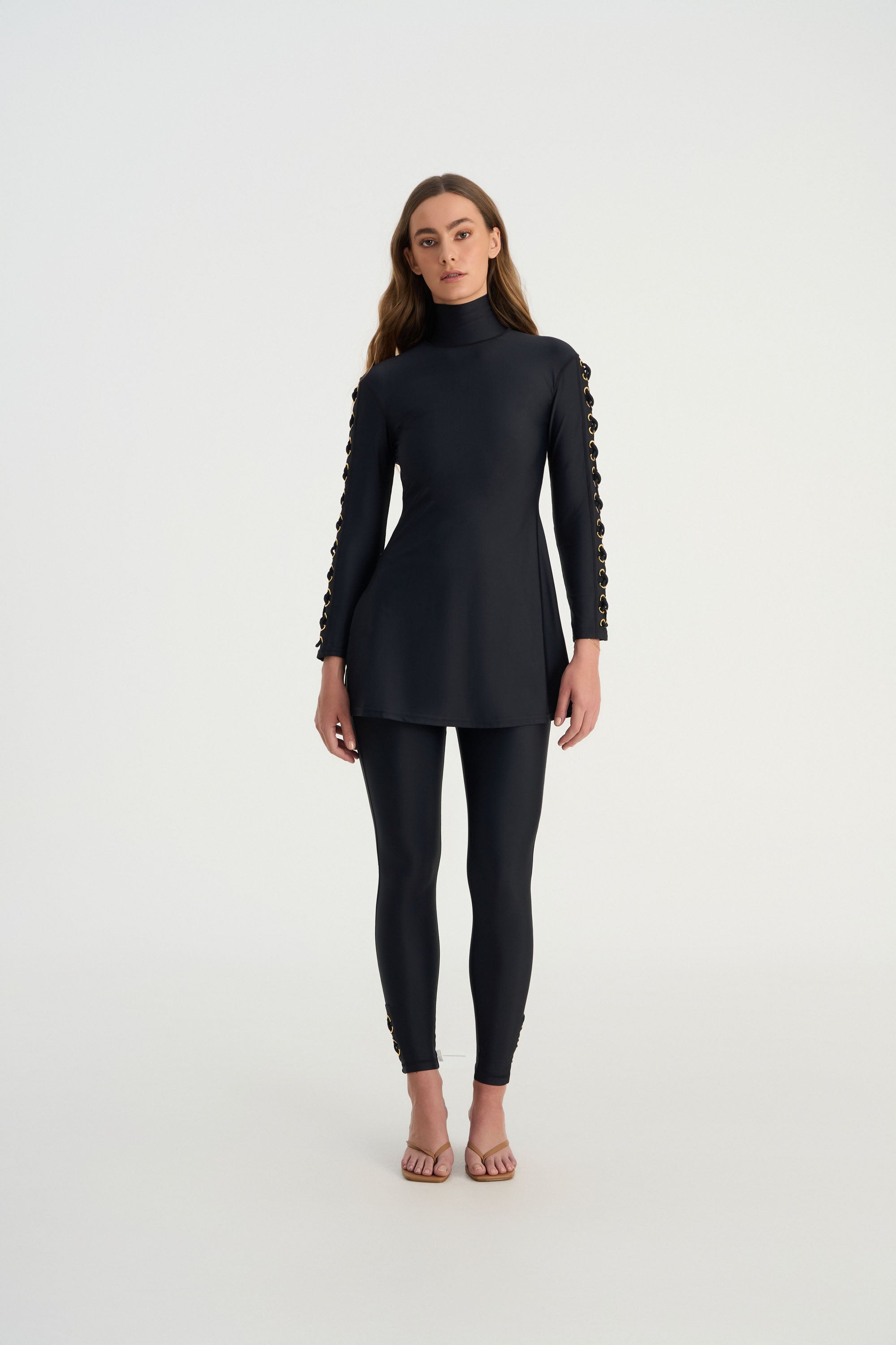 CEMILE black UPF50+ swim leggings with full coverage and sculpting fit for luxury modest swimwear