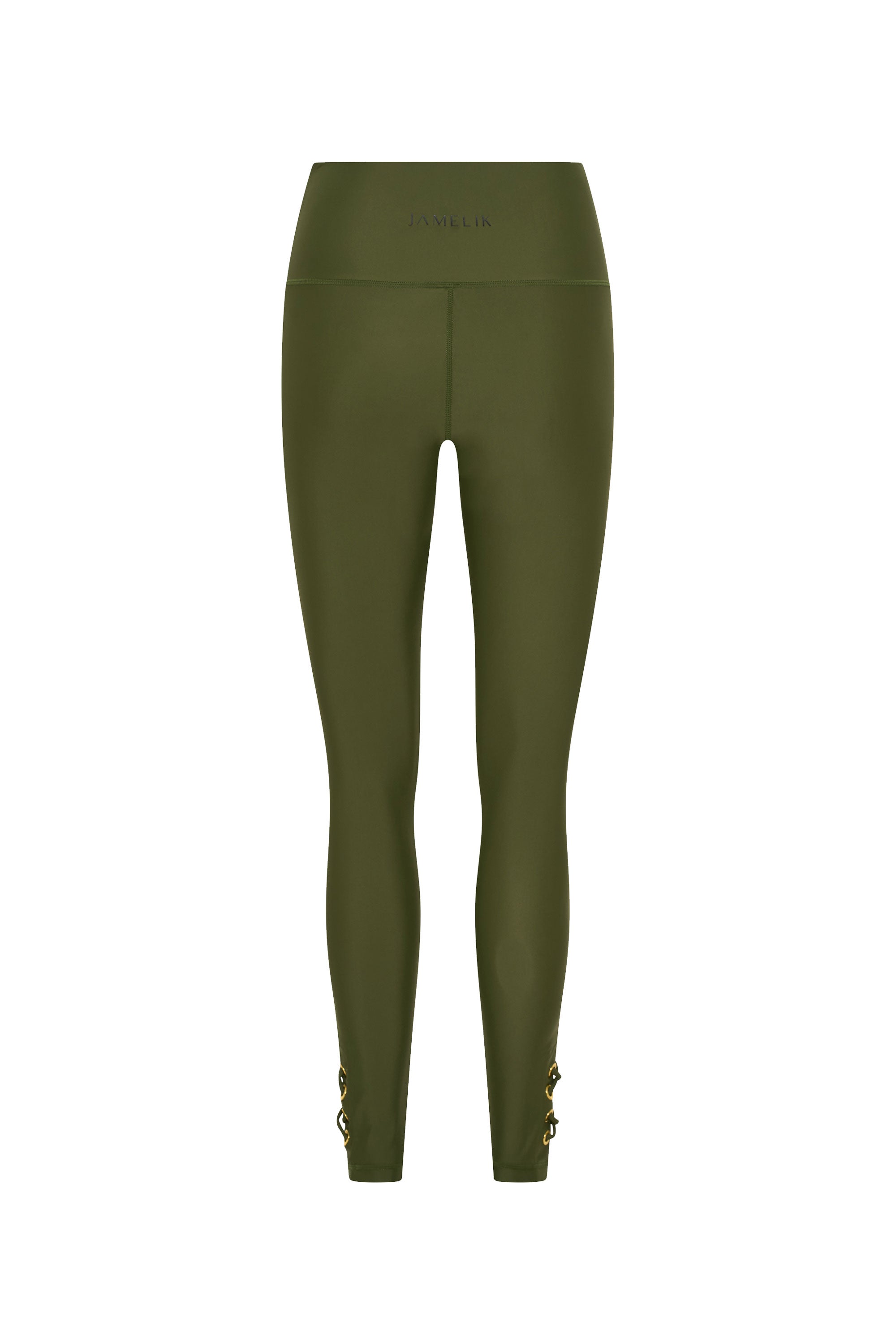 Front view of CEMILE black luxury swim leggings with UPF50+ sun protection and full-length coverage