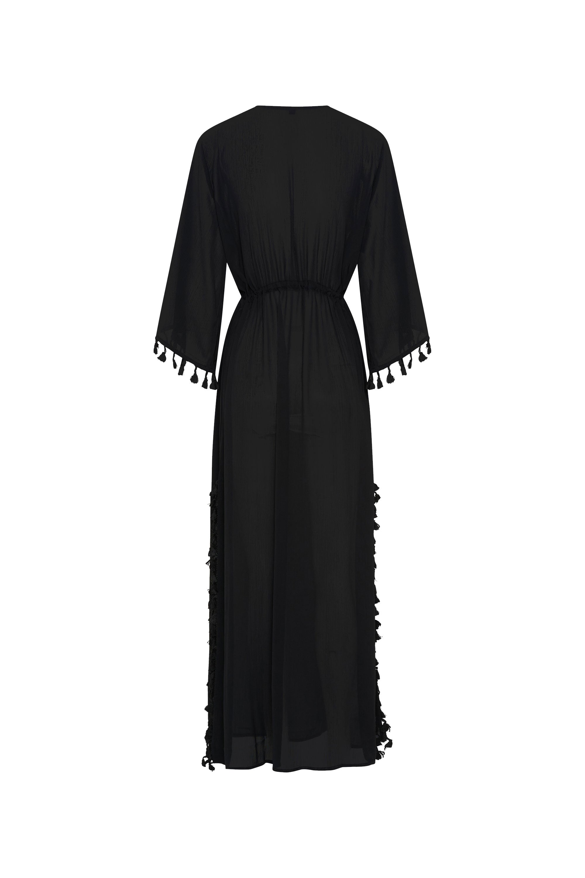 Handcrafted tassel detailing on the FLUER luxury V-neck kaftan