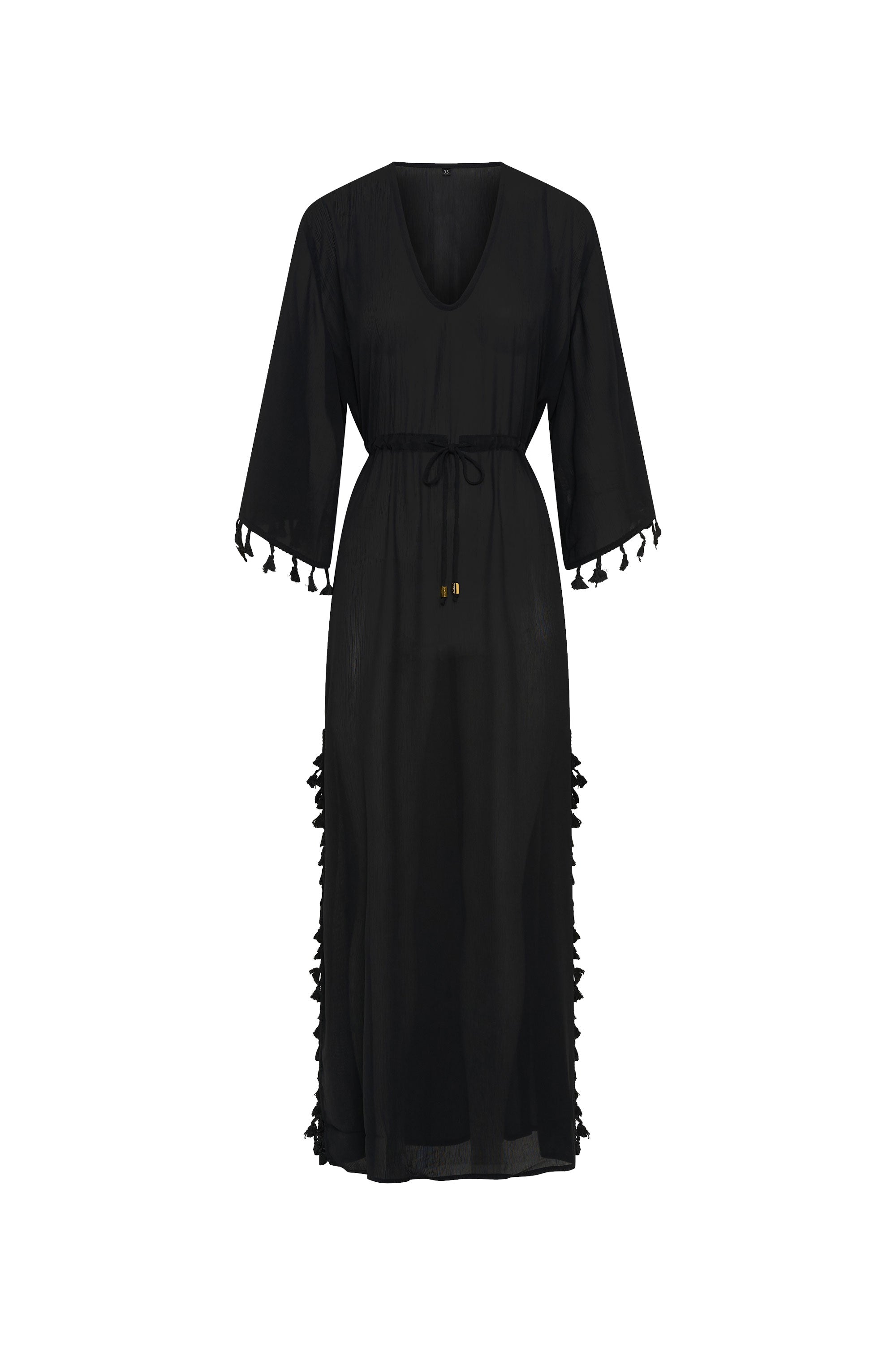 Front view of FLUER designer kaftan featuring a deep V-neck and elegant resort wear styling