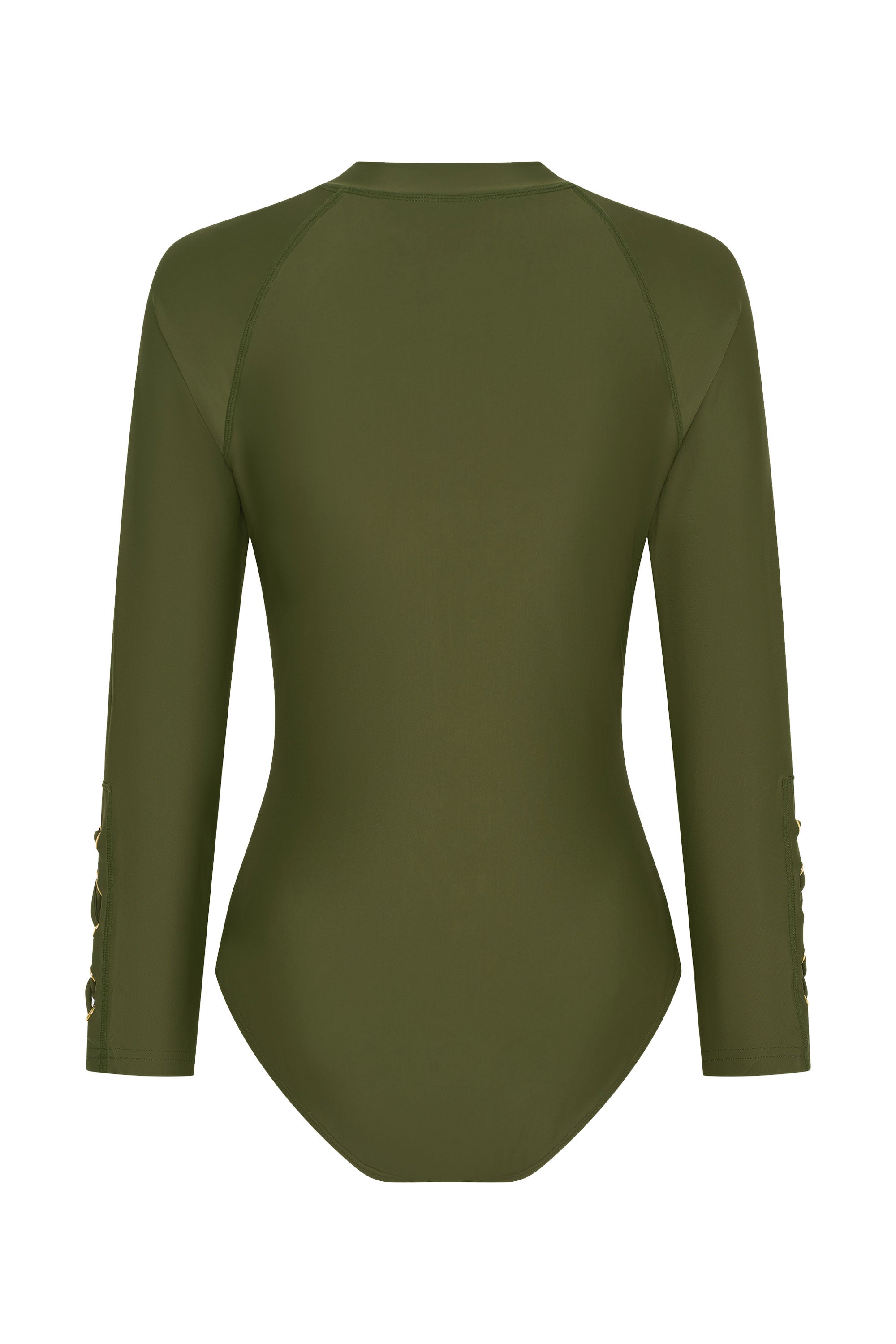 Back view of SOLENA modest swimwear paddle suit with sculpted fit and long sleeves