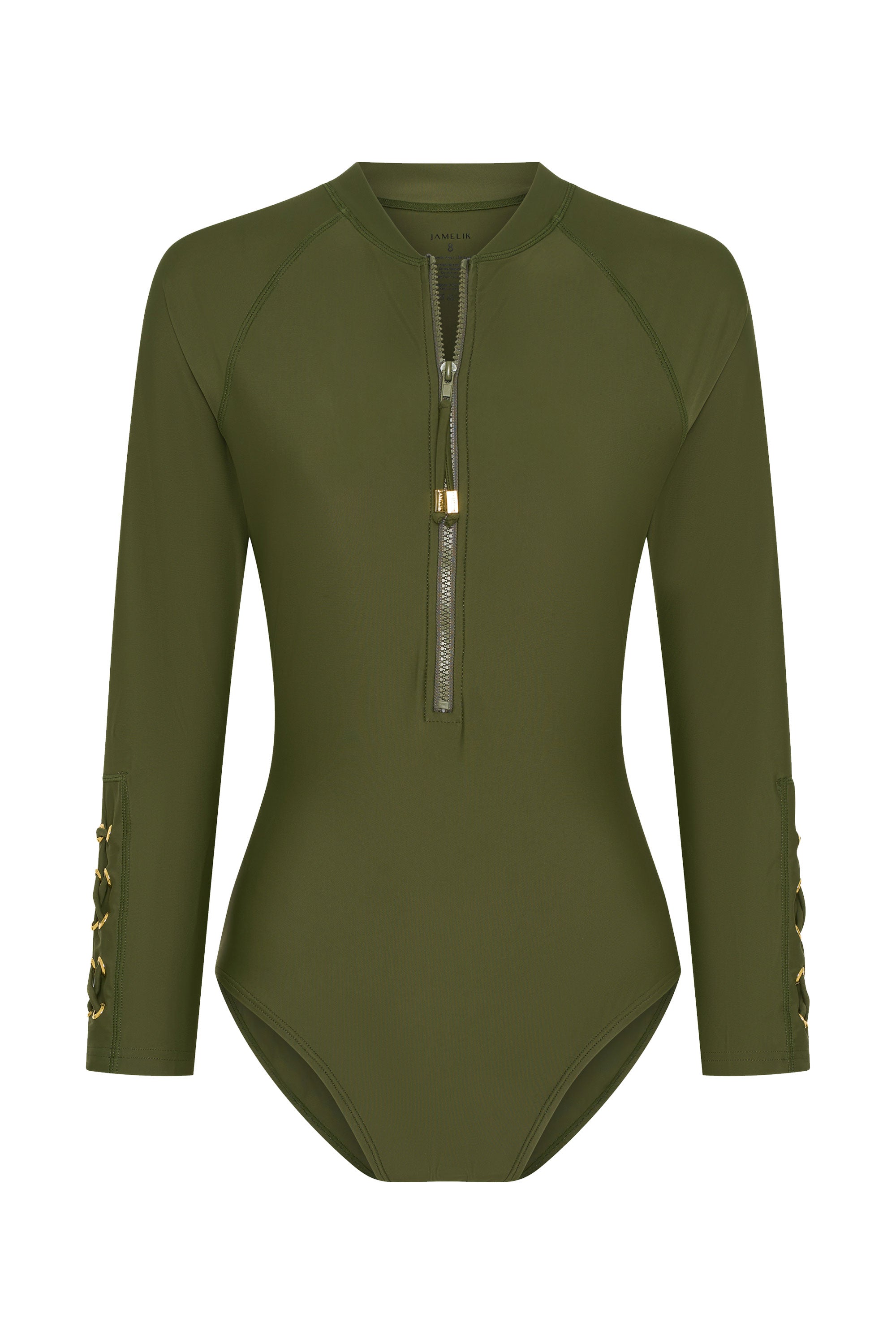 SOLENA luxury UPF50+ paddle suit with zip-front design and modest coverage in premium Italian fabric